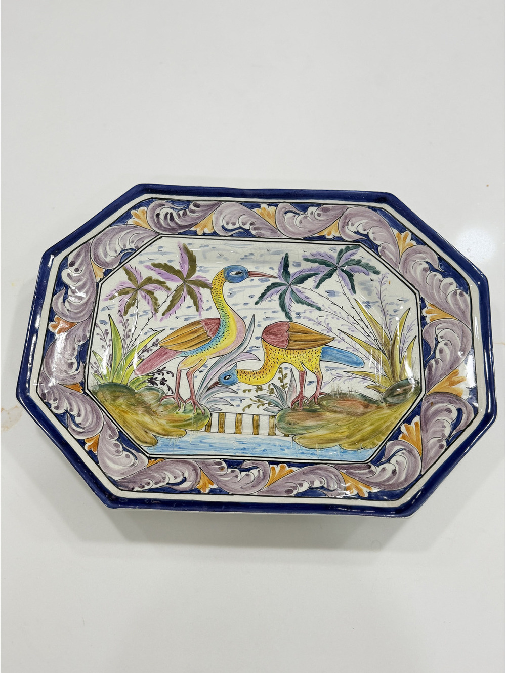 Vintage Majolica bird water Hand Painted Portuguese Platter plate wall art